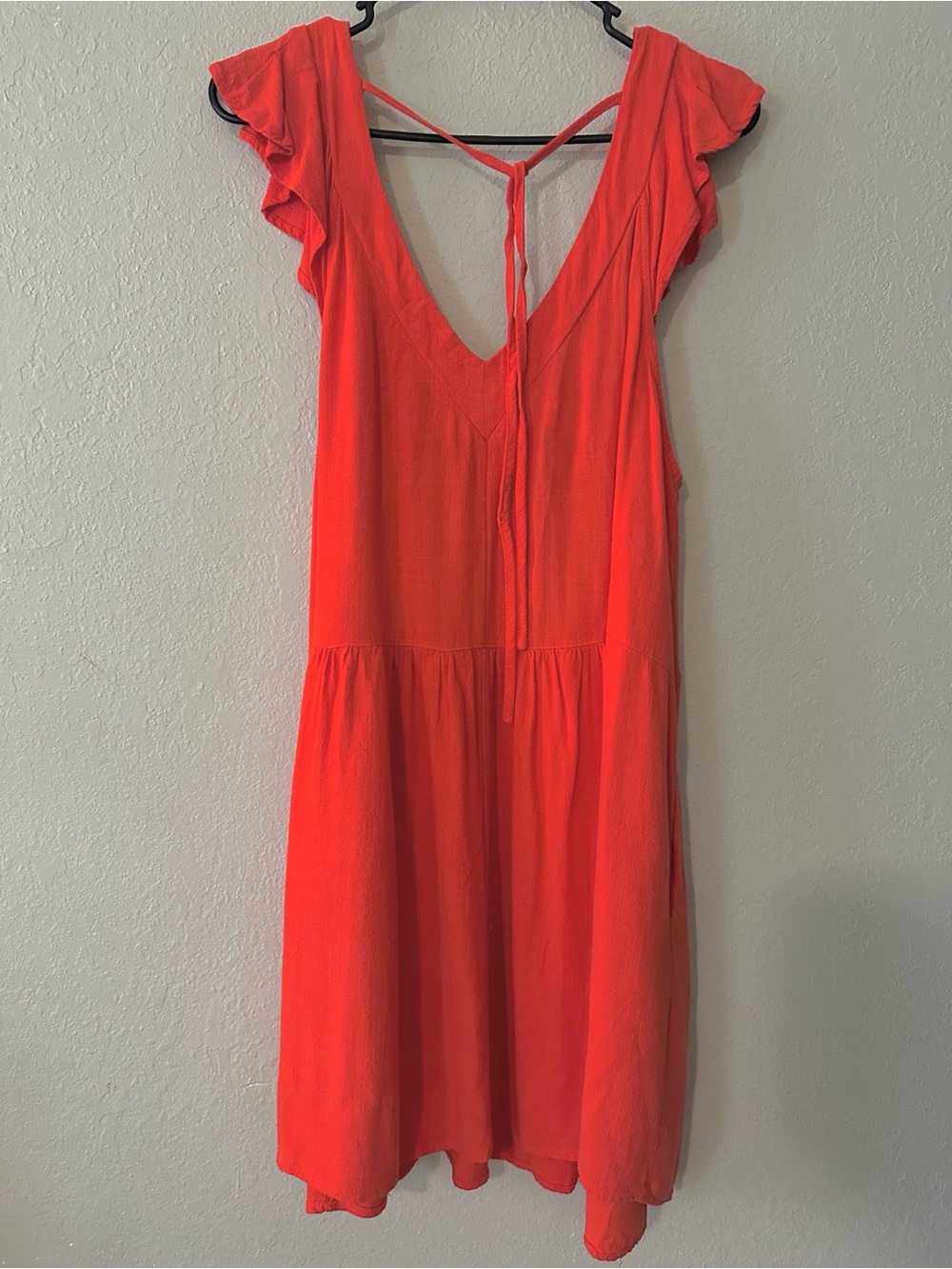 Promesa Coral Orange Flutter Ruffle Sleeve V-Neck Mini Dress with Tie Back - Picture 9 of 11